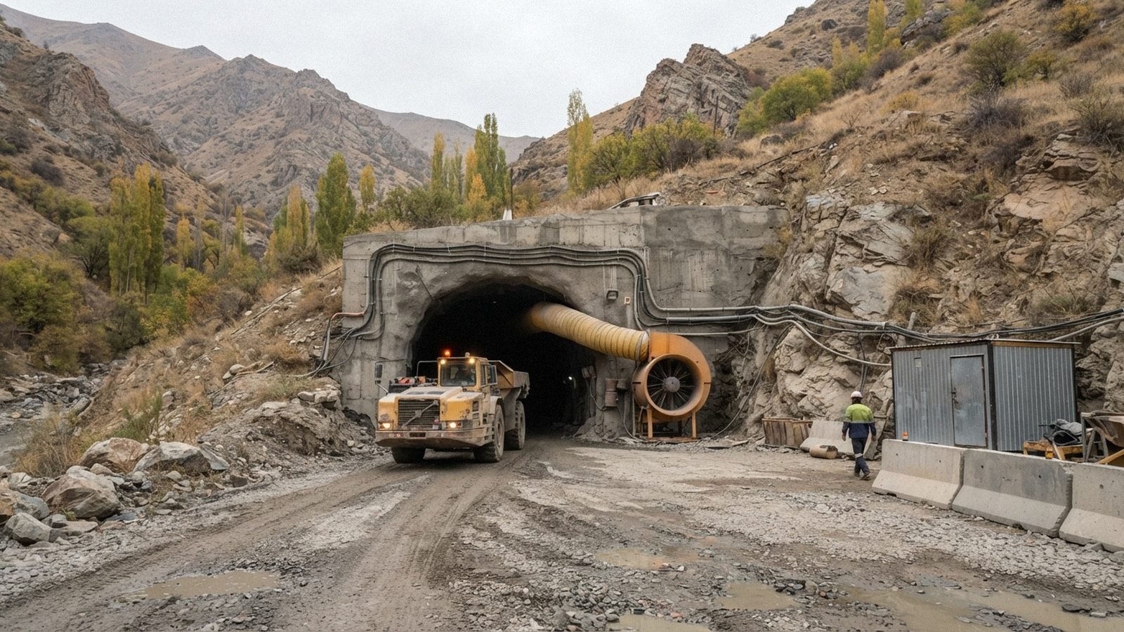 A haul truck leaving the portal of the Central incline
