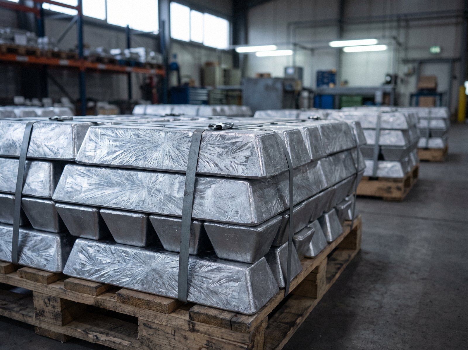 Antimony ingots on steel-strapped pallets